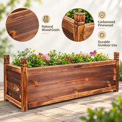 Wooden planter box with daisies and pink flowers beside close-ups of natural wood grain and a screwed corner post
