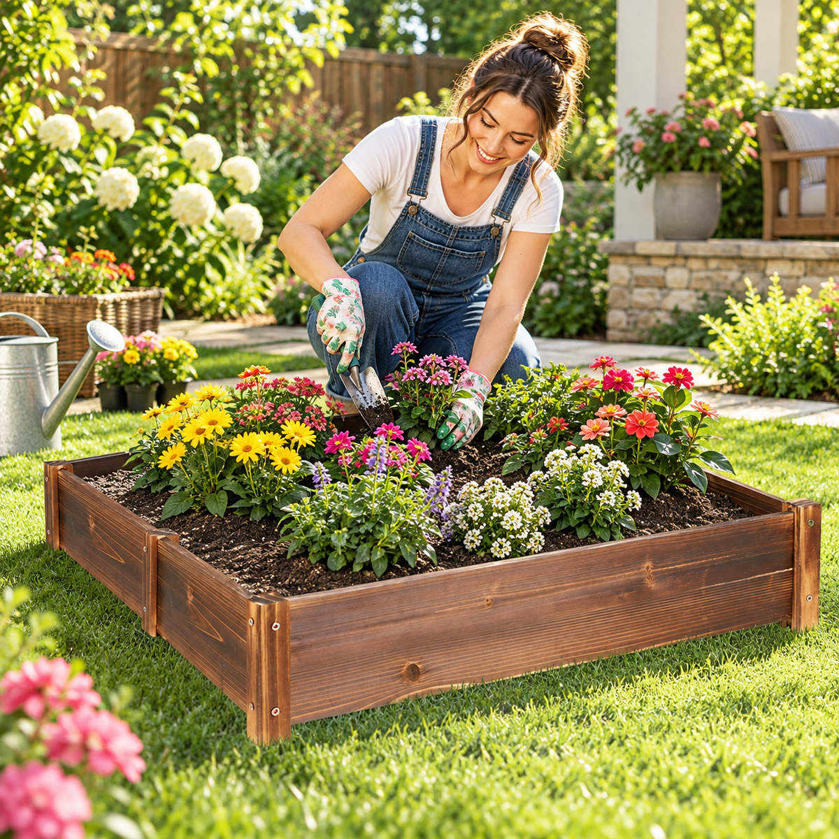 Woman planting colourful flowers with a hand trowel in a square wooden raised planter bed in a sunny garden