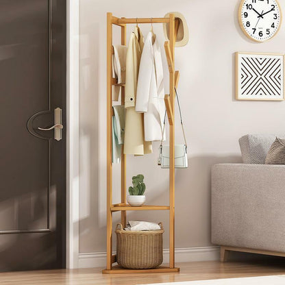 Wooden Clothes, Hat and Coat Rack 3 Layer Shelf and 9 Hooks