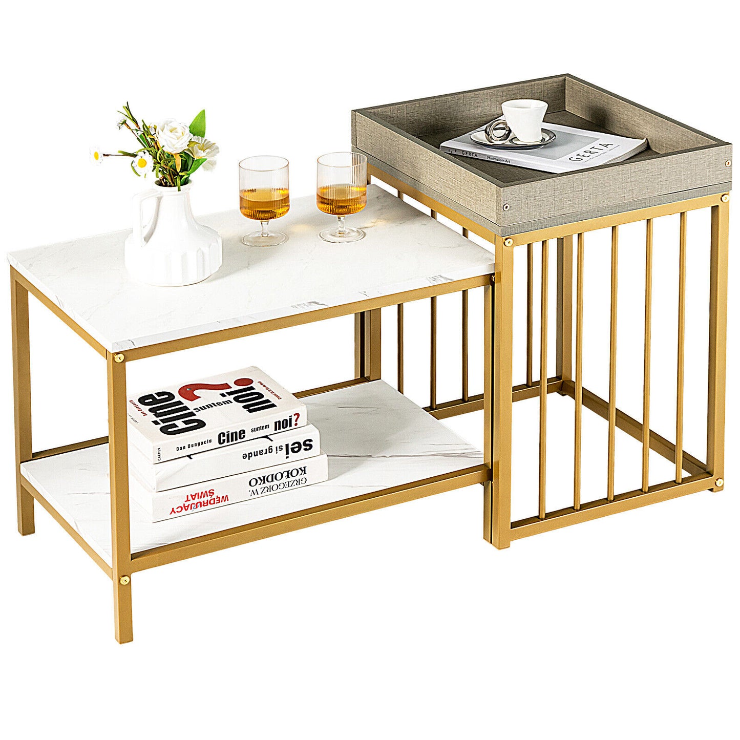 2pcs nesting coffee table with marble top